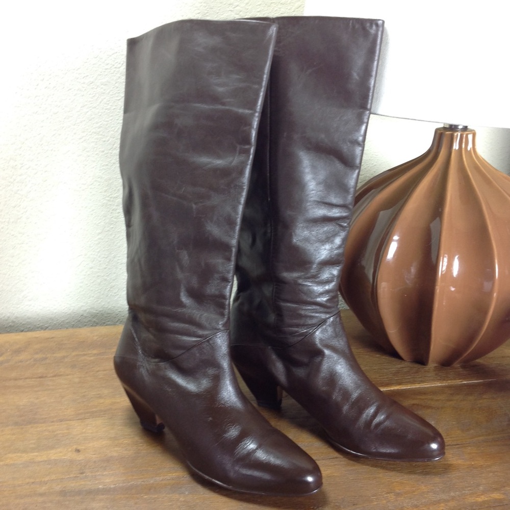 Sumi Brown Leather Almond Toe Kitten Heel Boots